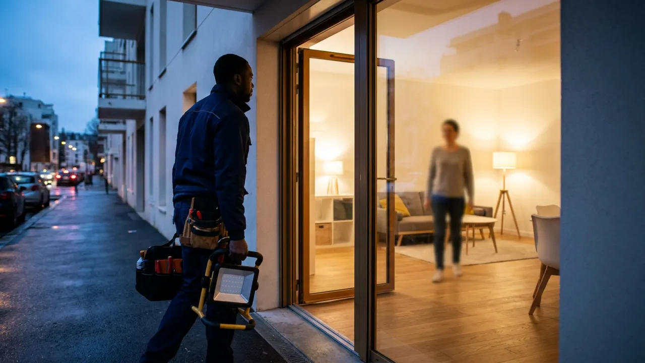 Électricien intervenant de nuit sur un tableau électrique dans un appartement de Saint-Cloud