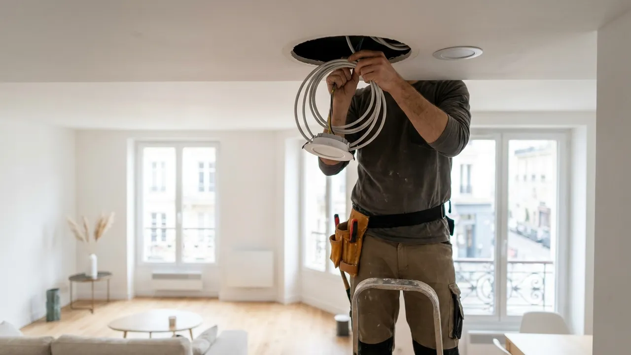 Pose de spots LED encastrés dans le salon d'un appartement de Saint-Cloud