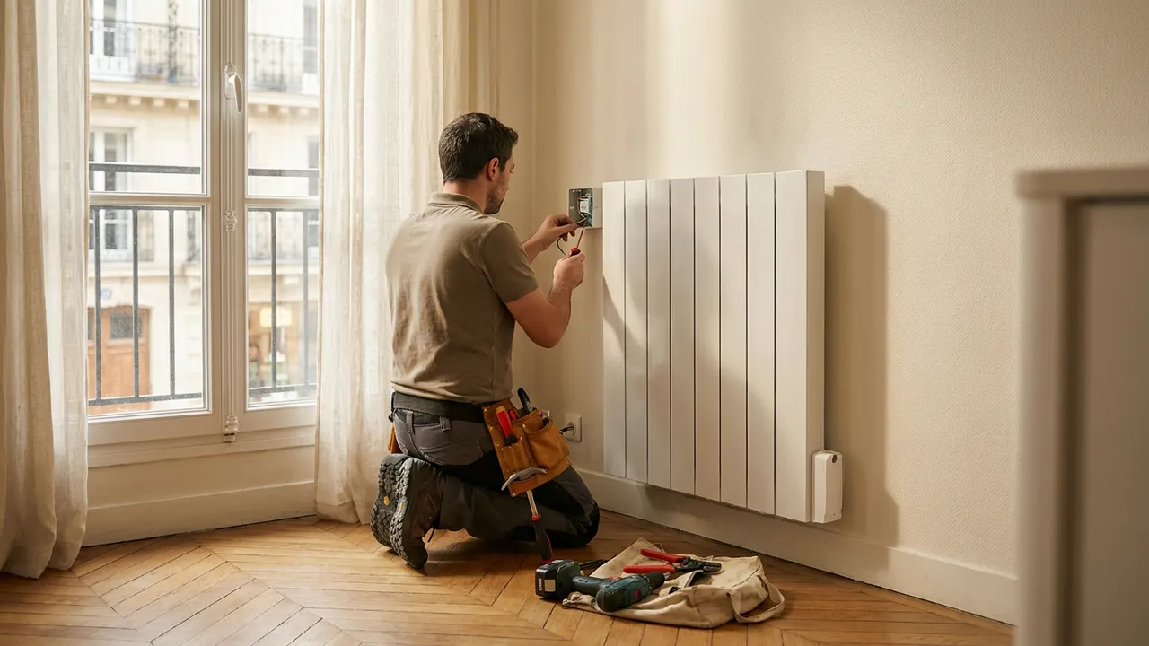 Radiateur électrique à inertie posé dans le séjour d'une maison de Saint-Cloud